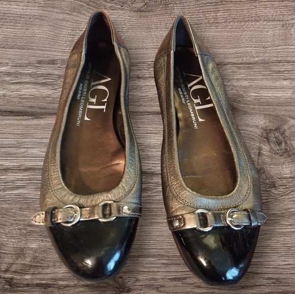 AGL  Flats "Monica" Women's Black and Metallic Silver Leather Flats - Picture 1 of 11